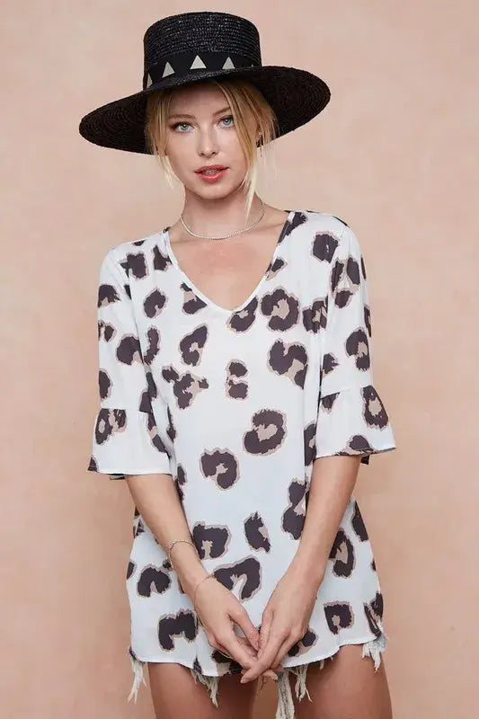 BiBi Leopard Printed V Neck Woven Top with Ruffled - Trendsi - Flyclothing LLC