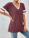 Contrast Trim V-Neck Short Sleeve T-Shirt - Trendsi