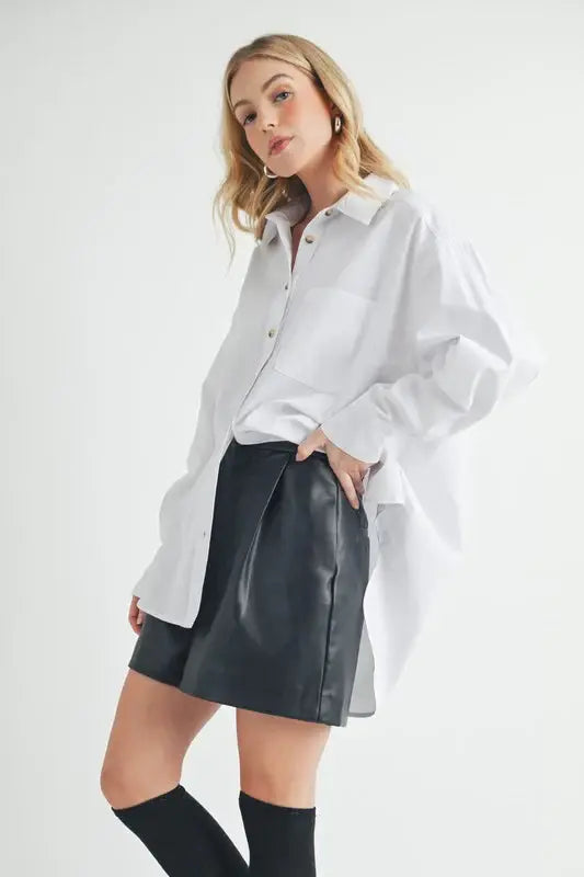 Aemi + Co High-Low Collared Neck Drop Shoulder Shirt - Trendsi - Flyclothing LLC