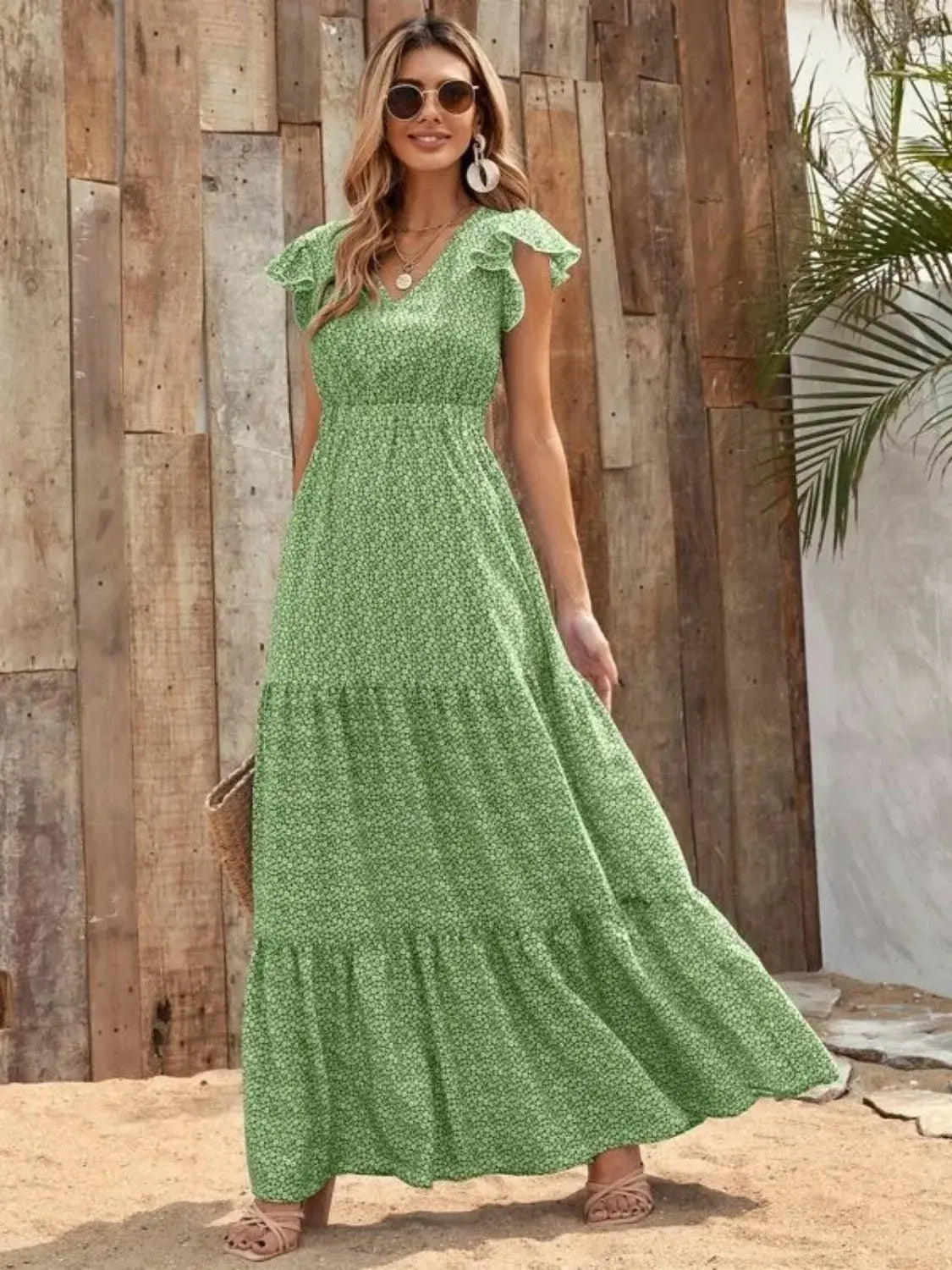 Printed V-Neck Ruffled Cap Sleeve Maxi Dress - Trendsi - Flyclothing LLC