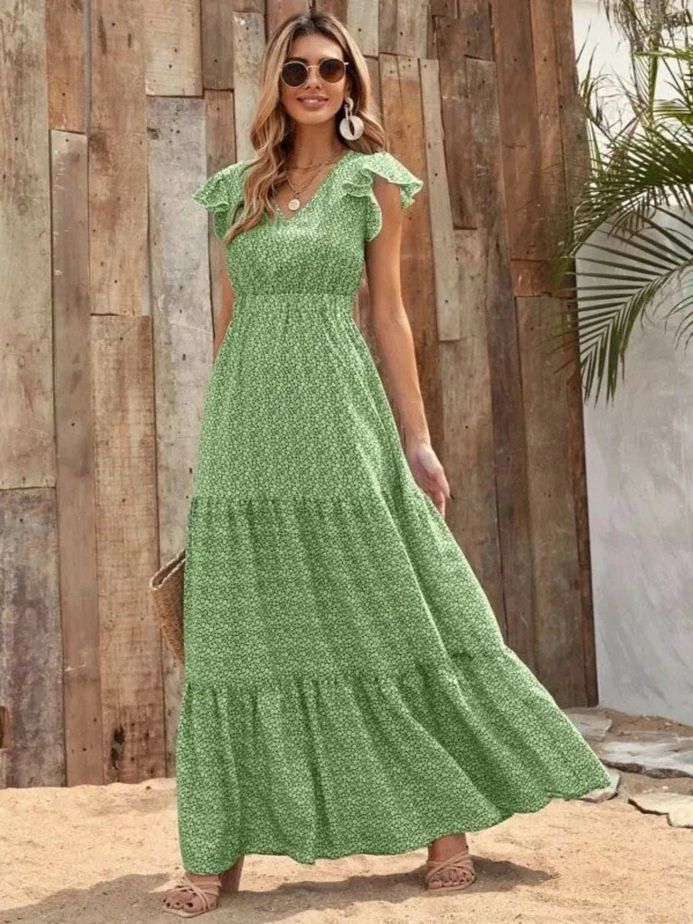 Printed V-Neck Ruffled Cap Sleeve Maxi Dress - Trendsi - Flyclothing LLC