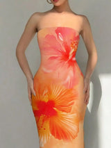 Tropical Flower Print Bodycon Tube Dress - Trendsi - Flyclothing LLC