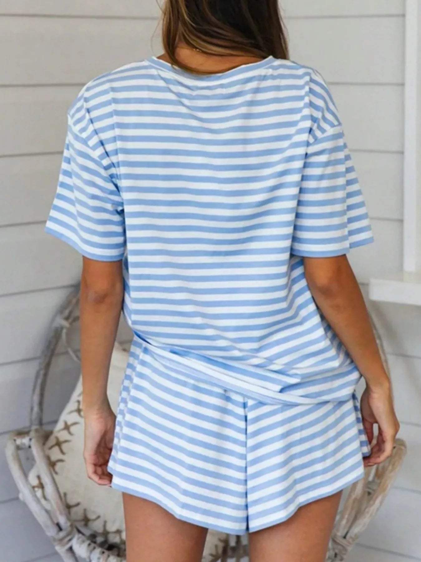 Striped Short Sleeve Tee and Drawstring Shorts Set - Trendsi - Flyclothing LLC