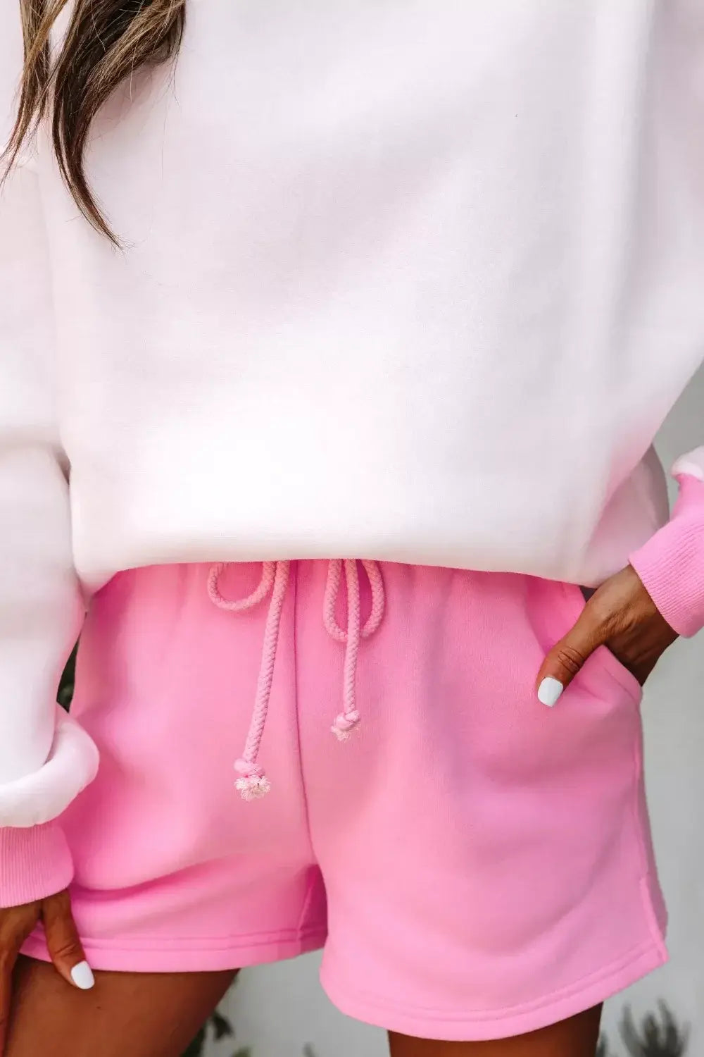 Color Block Sweatshirt and Elastic Waist Shorts Set - Trendsi - Flyclothing LLC