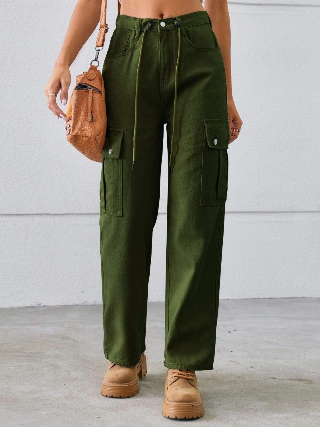 Drawstring Mid-Rise Waist Straight Cargo Jeans - Trendsi - Flyclothing LLC
