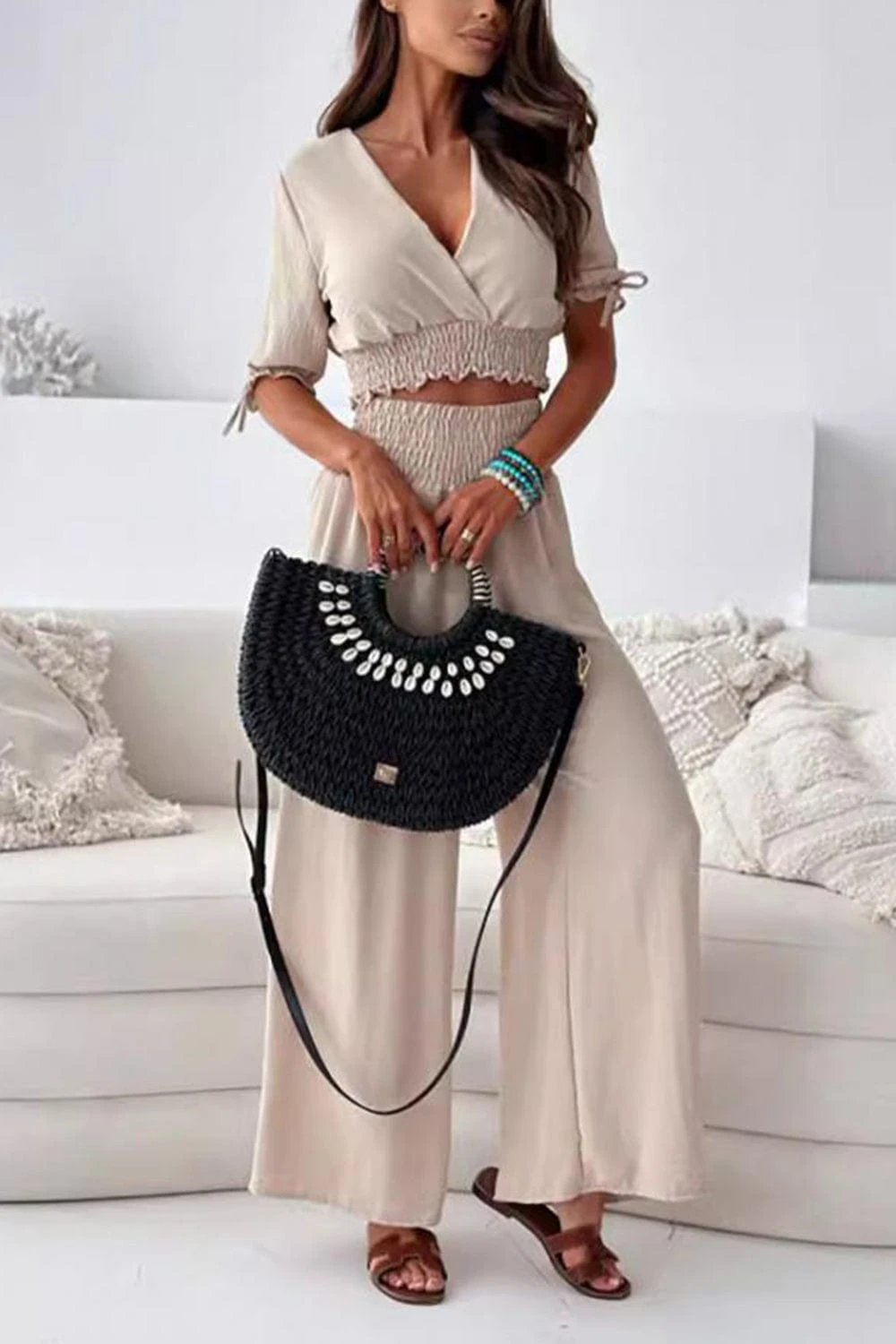 Surplice Short Sleeve Top and Pants Set - Trendsi