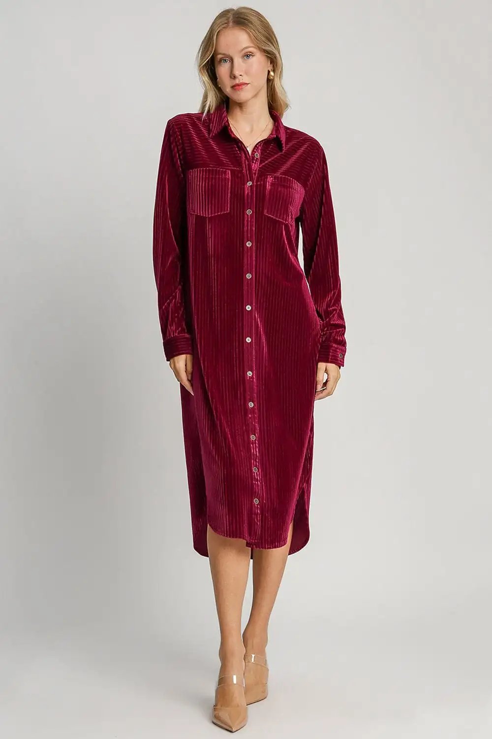 Umgee Texture Curved Hem Button Down Shirt Dress - Trendsi