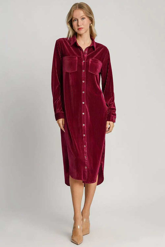 Umgee Texture Curved Hem Button Down Shirt Dress - Trendsi - Flyclothing LLC
