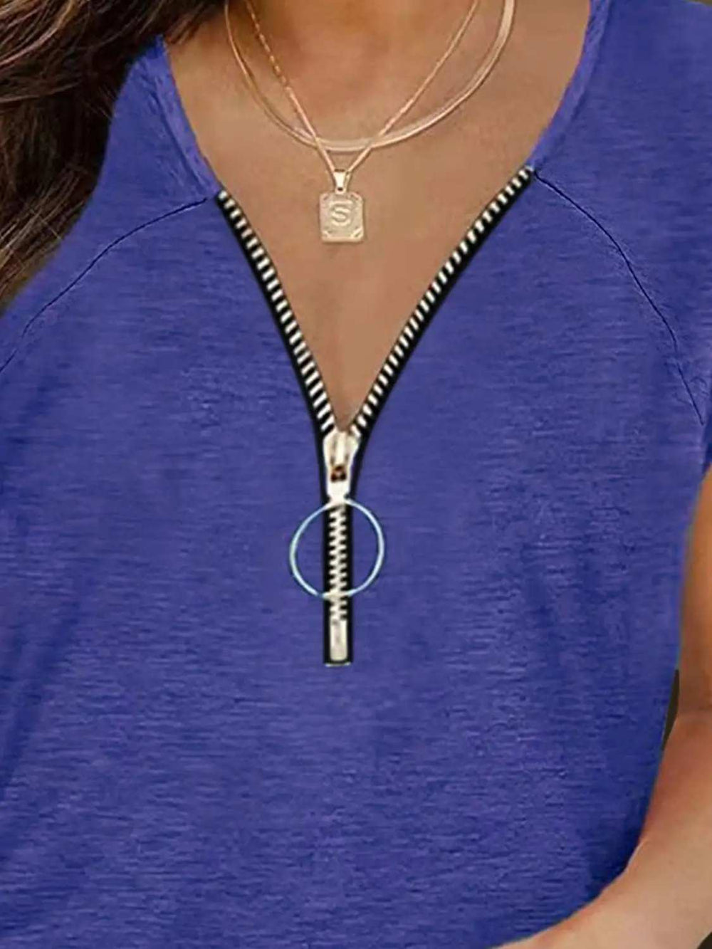 Full Size Half Zip Cap Sleeve T-Shirt - Trendsi - Flyclothing LLC