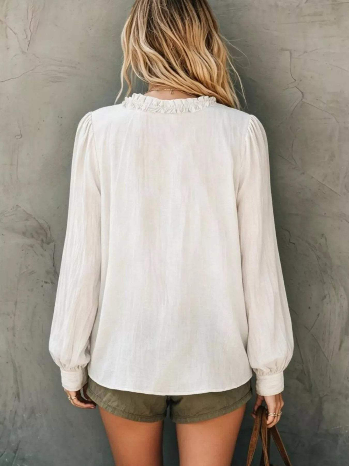 Frill V-Neck Long Sleeve Blouse - Trendsi - Flyclothing LLC