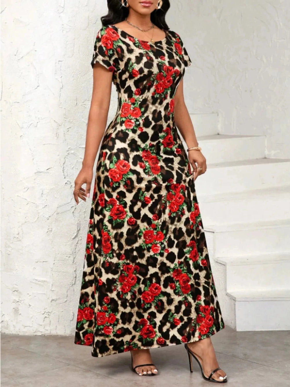 Printed Round Neck Short Sleeve Maxi Tee Dress - Trendsi