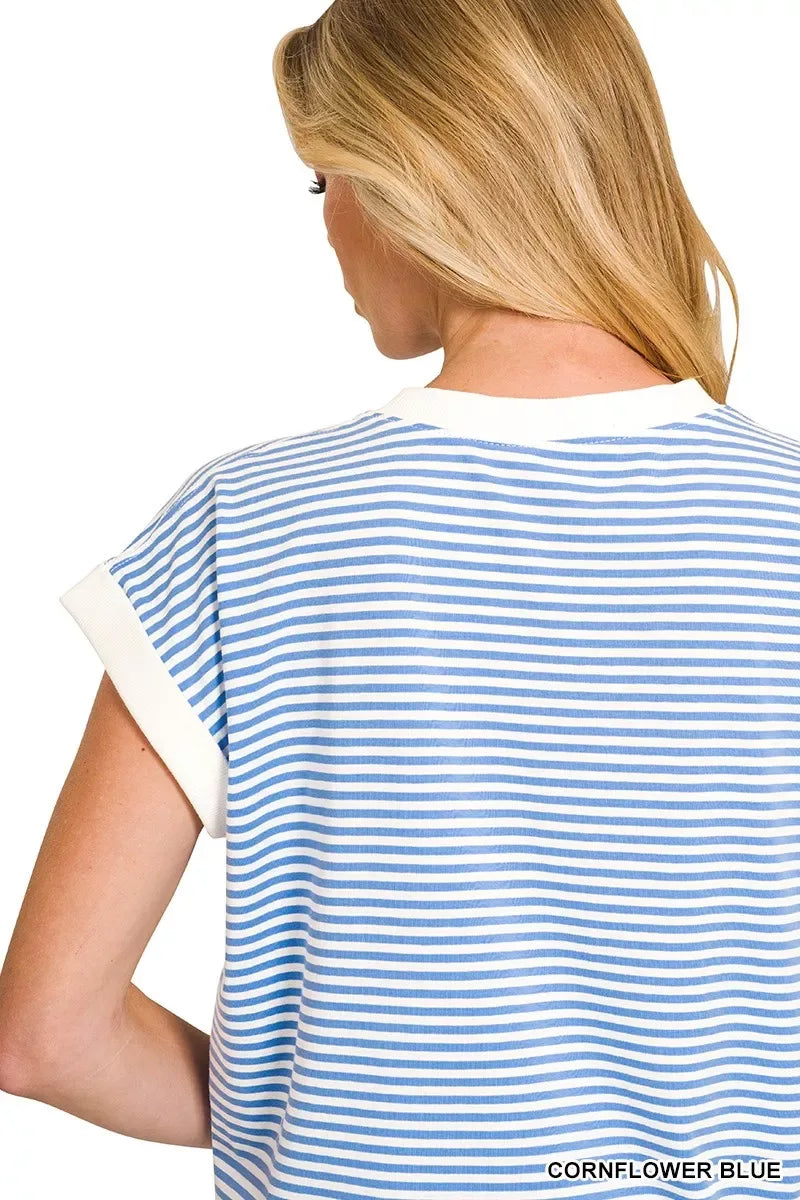 Zenana Striped Round Neck Short Sleeve Contrast Trim T-Shirt - Trendsi - Flyclothing LLC