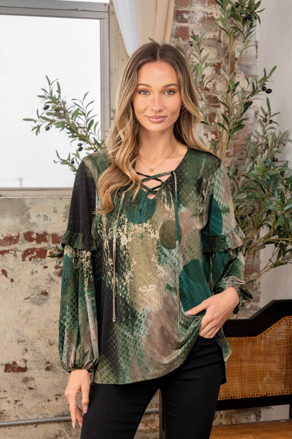 Sew In Love Full Size Snakeskin Print Long Sleeve Top with Ruffle - Trendsi