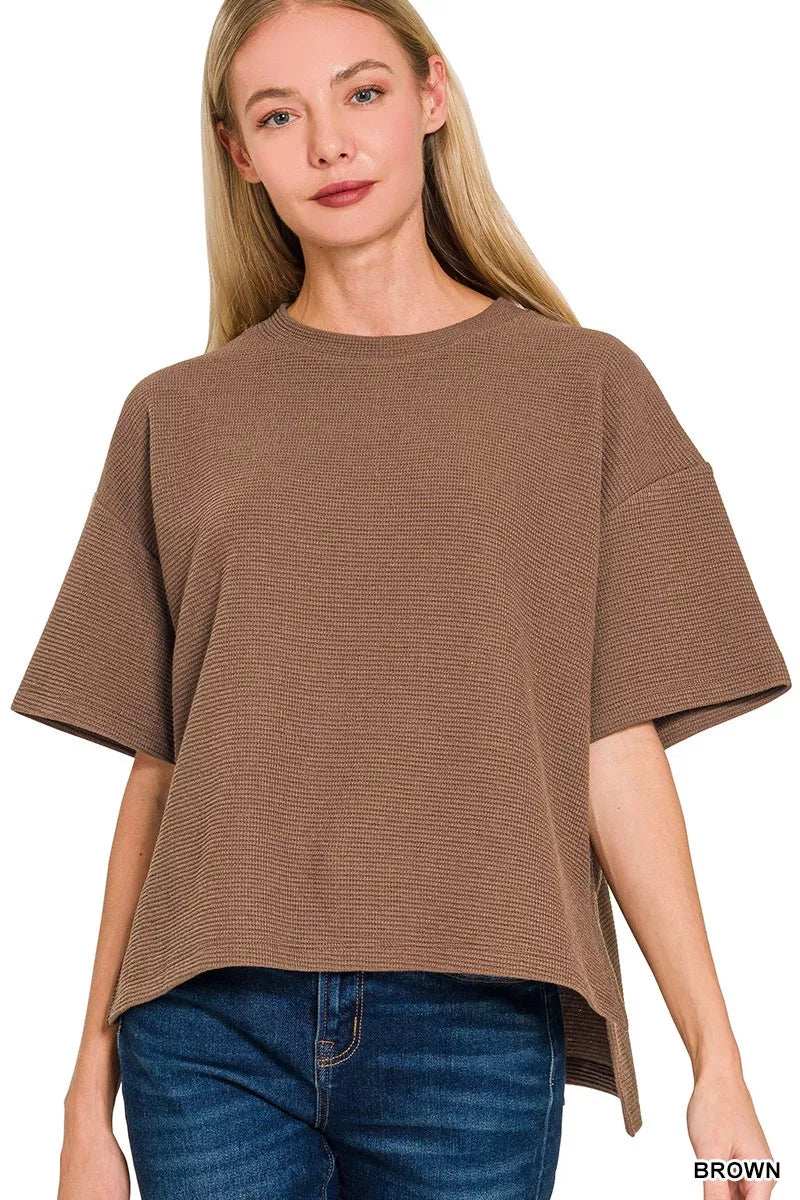Zenana Full Size Double Knit Side Slits Hi Low Short Sleeve Top Plus Size - Trendsi - Flyclothing LLC
