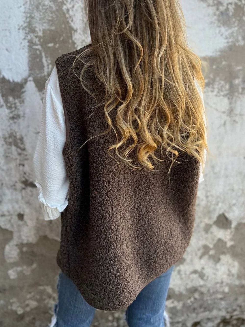 Full Size Pocketed Button Up V-Neck Sherpa Vest - Trendsi - Flyclothing LLC