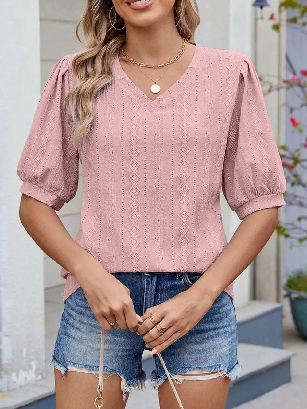 Puff Sleeve V-Neck Eyelet Lace T-Shirt - Trendsi - Flyclothing LLC