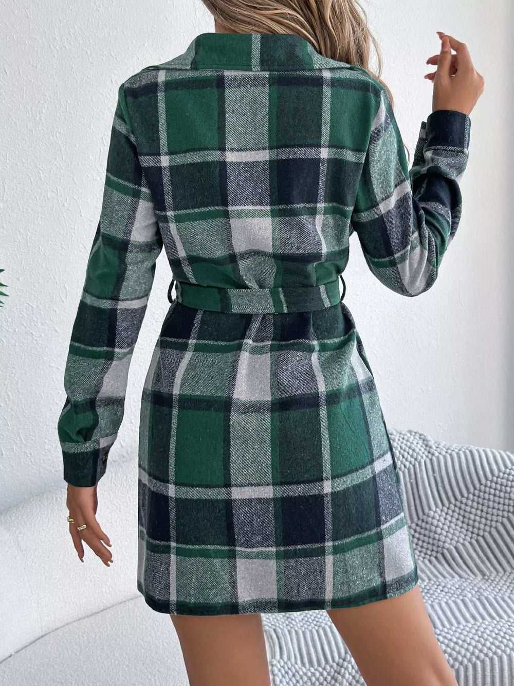 Plaid Button Front Tie Waist Shirt Dress - Trendsi - Flyclothing LLC