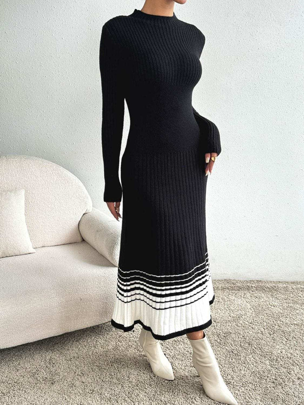 Contrast Mock Neck Long Sleeve Sweater Dress - Trendsi - Flyclothing LLC
