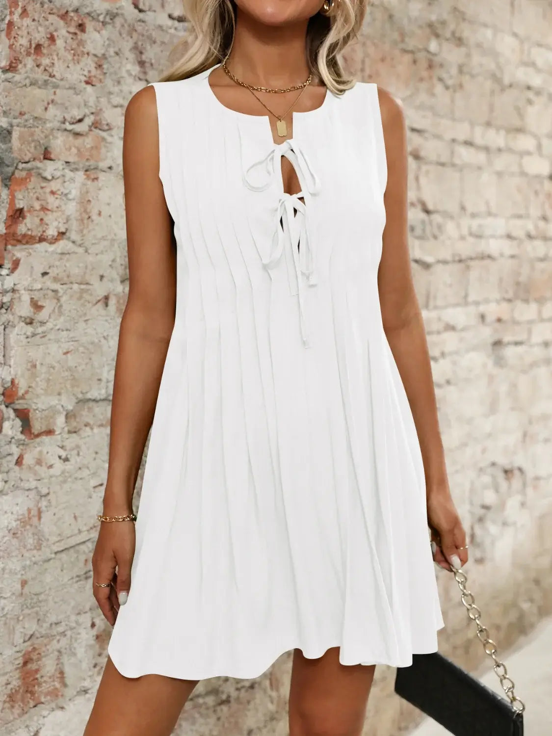 Tied Front Pleated Sleeveless Mini Dress - Trendsi - Flyclothing LLC