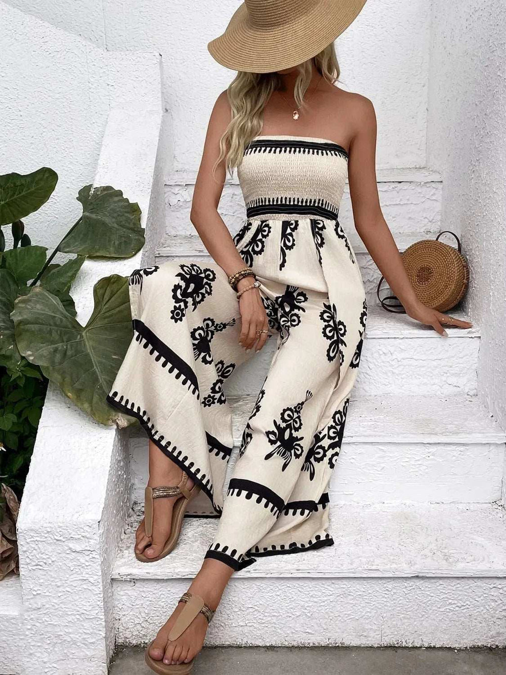 Smocked Printed Wide Leg Jumpsuit - Trendsi - Flyclothing LLC