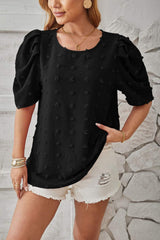 Swiss Dot Round Neck Short Sleeve Blouse - Trendsi - Flyclothing LLC