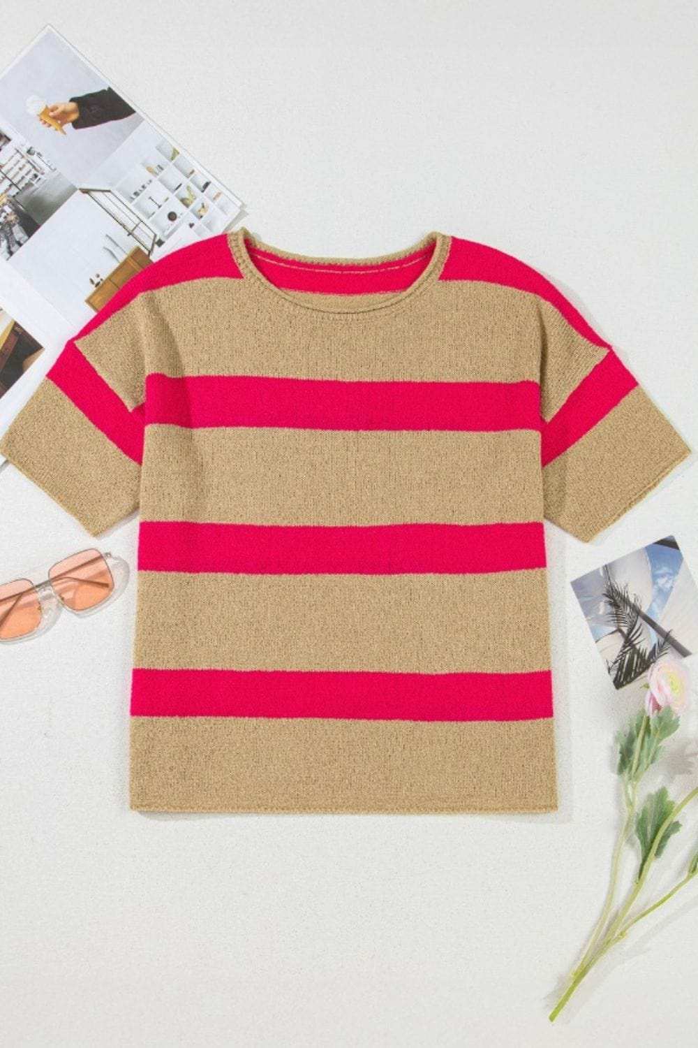 Contrast Striped Crew Neck Lightweight Knit Top - Trendsi - Flyclothing LLC