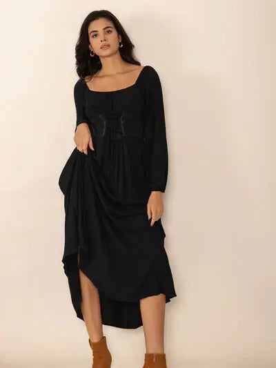Lace-Up Square Neck Long Sleeve Midi Dress - Trendsi - Flyclothing LLC