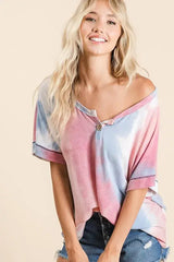 BiBi Tie Dye French Terry Top With Buttoned Placket - Trendsi - Flyclothing LLC
