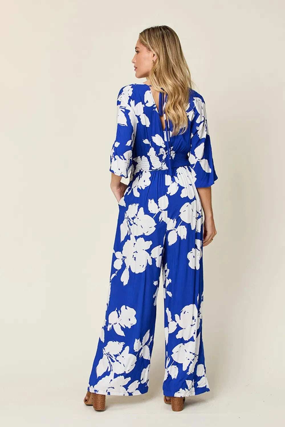 Double Take Full Size Printed Tie Back Wide Leg Jumpsuit - Trendsi - Flyclothing LLC