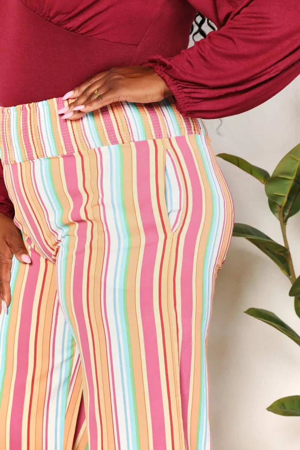 Double Take Striped Smocked Waist Pants with Pockets - Trendsi - Flyclothing LLC