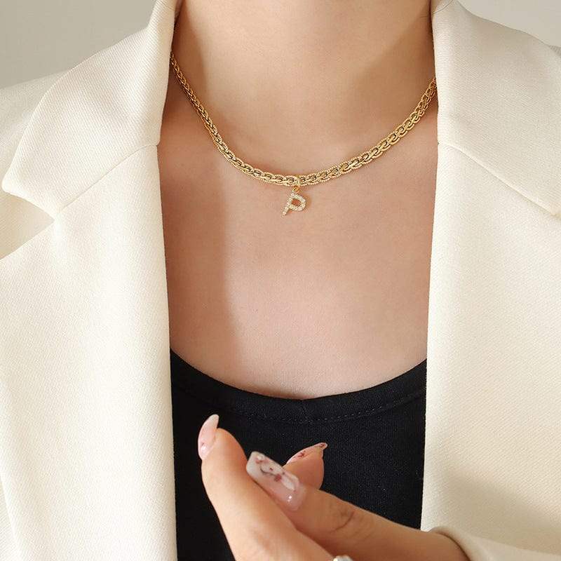 Brass Inlaid Zircon Letter Pendant Necklace - Trendsi - Flyclothing LLC