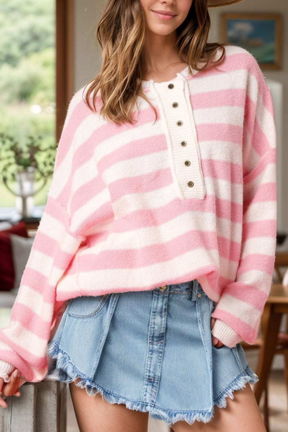 Exposed Seam Striped Round Neck Long Sleeve Sweater - Trendsi - Flyclothing LLC