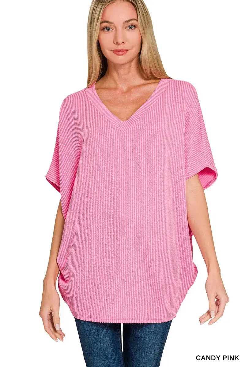 Zenana Raised Rib V-Neck Batwing Top - Trendsi - Flyclothing LLC