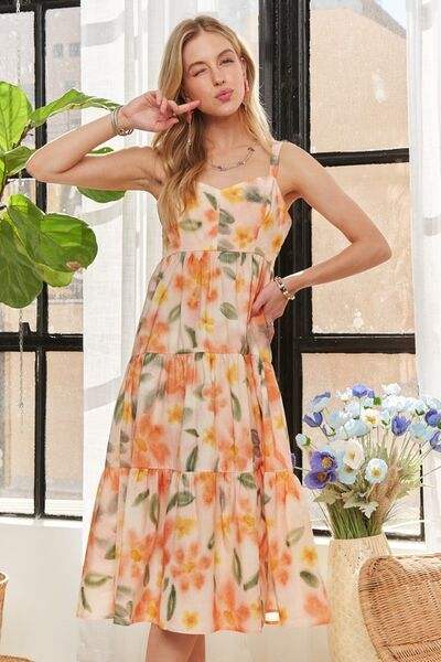 ADORA Smocked Back Floral Adjustable Strap Midi Dress - Trendsi - Flyclothing LLC