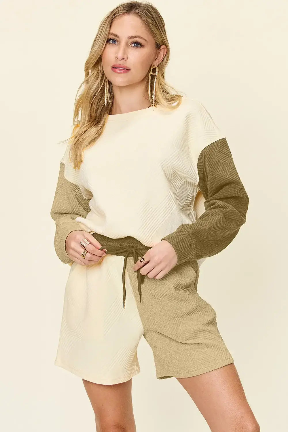 Double Take Full Size Contrast Drop Shoulder Top and Shorts Set - Trendsi - Flyclothing LLC