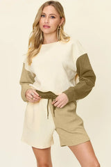 Double Take Full Size Contrast Drop Shoulder Top and Shorts Set - Trendsi - Flyclothing LLC