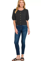 Zenana Puff Sleeve Wool Sweater Cardigan - Trendsi - Flyclothing LLC