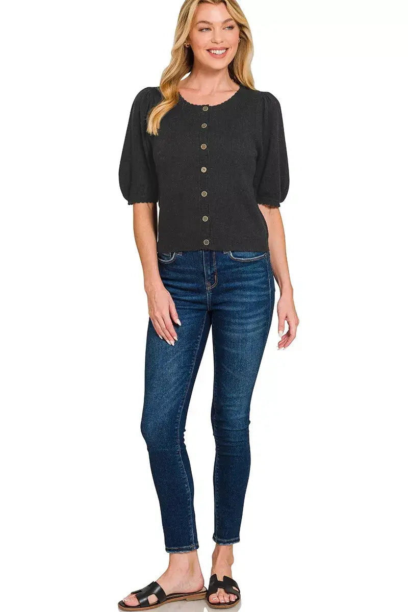 Zenana Puff Sleeve Wool Sweater Cardigan - Trendsi - Flyclothing LLC