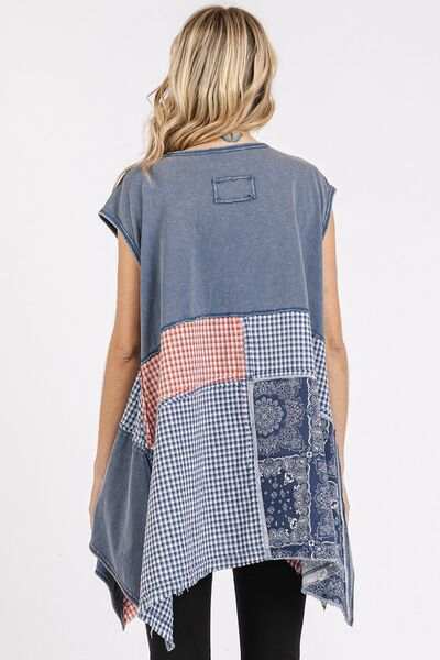 Mittoshop Patchwork Mineral Washed Round Neck Cap Sleeve Top - Trendsi - Flyclothing LLC