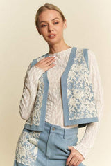 Davi & Dani Lace Patch Open Front Denim Vest - Trendsi - Flyclothing LLC