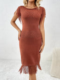 Fringe Openwork Boat Neck Knit Dress - Trendsi