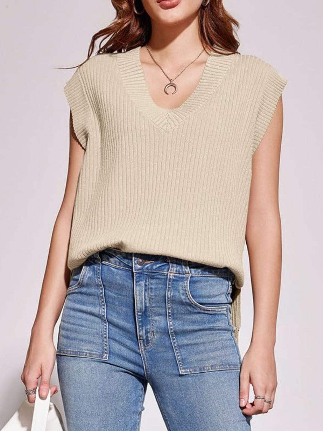 Mandy Ribbed V-Neck Sweater Vest - Trendsi - Flyclothing LLC