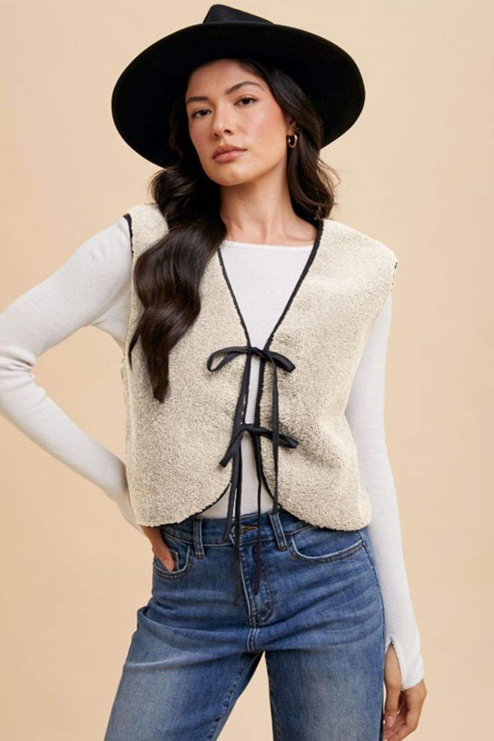 Annie Wear V-Neck Tie Detail Vest Coat - Trendsi - Flyclothing LLC