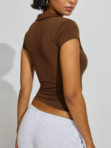 Collared Neck Short Sleeve Top - Trendsi - Flyclothing LLC