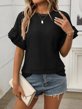 Eyelet Round Neck Flounce Sleeve Top - Trendsi - Flyclothing LLC