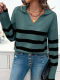 Striped Collared Neck Long Sleeve Sweater - Trendsi - Flyclothing LLC