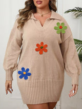 Plus Size Floral Applique Ribbed Hem Sweater Dress - Trendsi - Flyclothing LLC