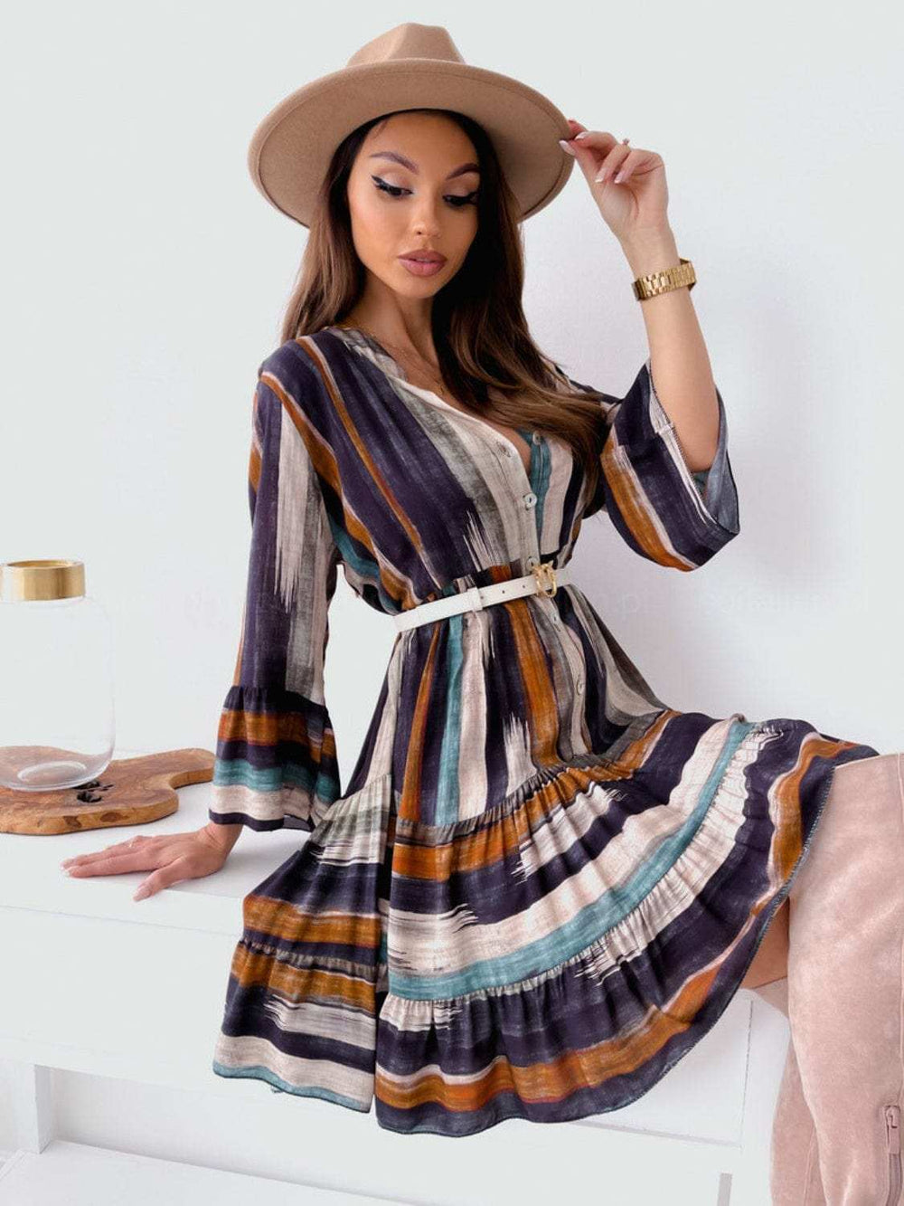Buttoned Striped Long Sleeve Mini Dress - Trendsi - Flyclothing LLC