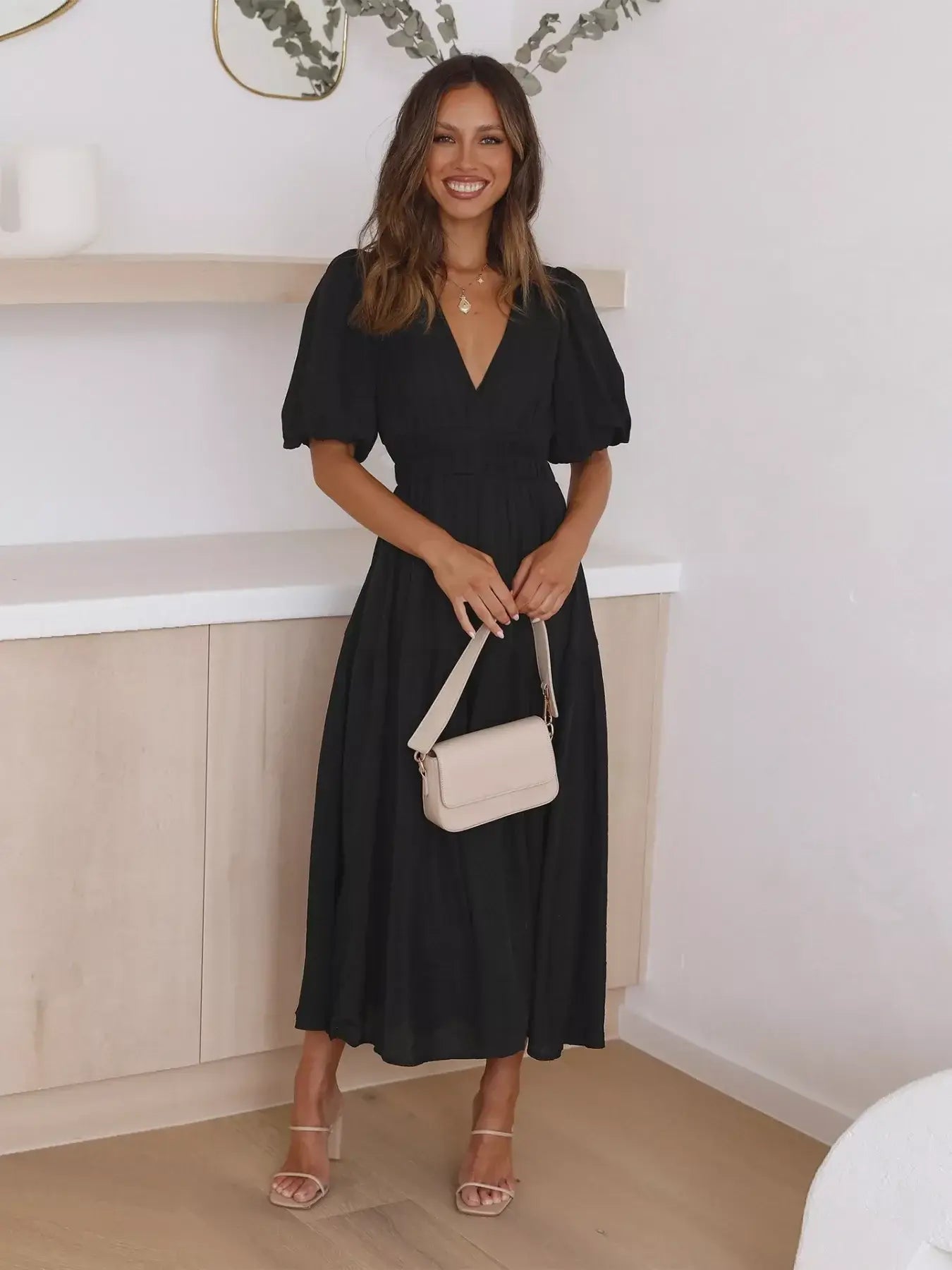 Tiered Puff Sleeve Midi Dress - Trendsi - Flyclothing LLC