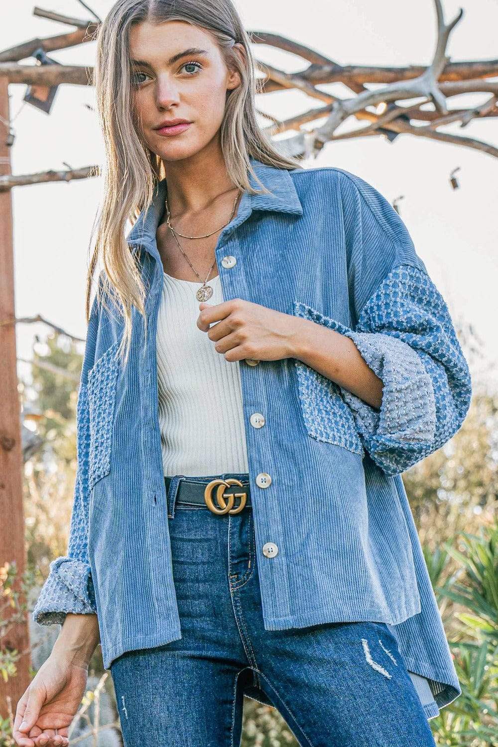 And The Why Button Down Corduroy Contrast Texture Long Sleeve Shacket - Trendsi - Flyclothing LLC